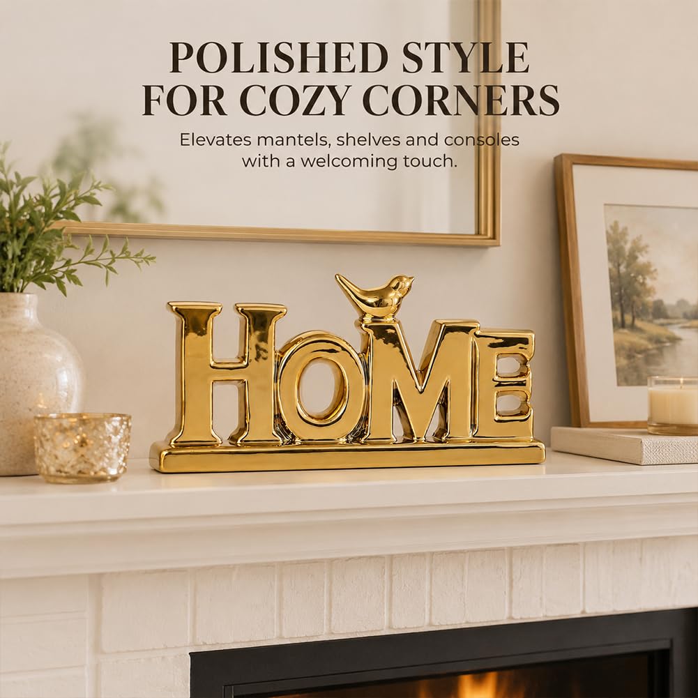 Gold HOME Sign Decor 9 8 Ceramic Shelf Decor with Bird for - UANYEMON Official Imagery - 3