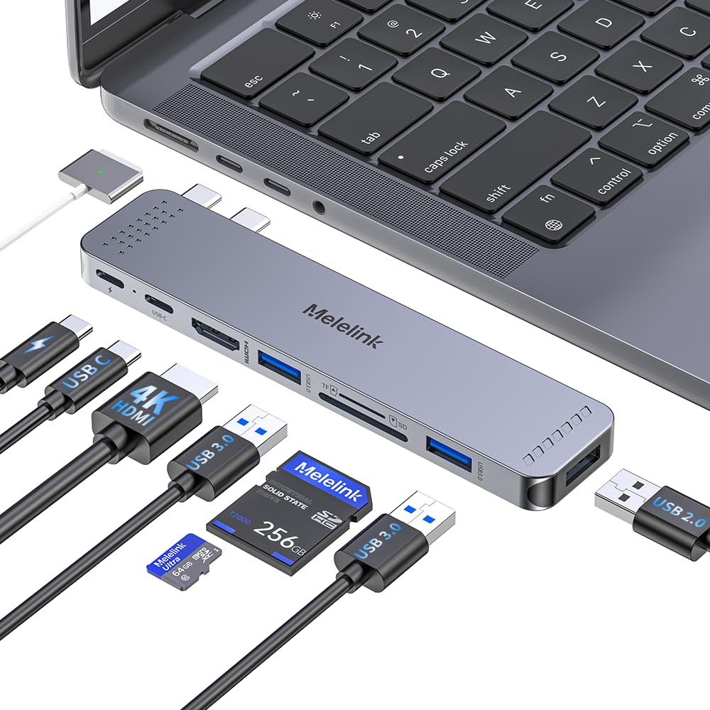 Melelink USB C hub adapter for MacBook Pro/Air with HDMI 4K, Thunderbolt, USB-C, SD card reader, 8-in-2 multiport dongle.