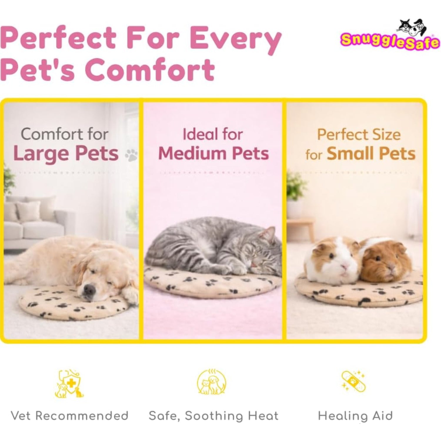 SnuggleSafe Original microwave heat pad for pets, chew-proof, with a soft fabric cover and safety instructions visible.