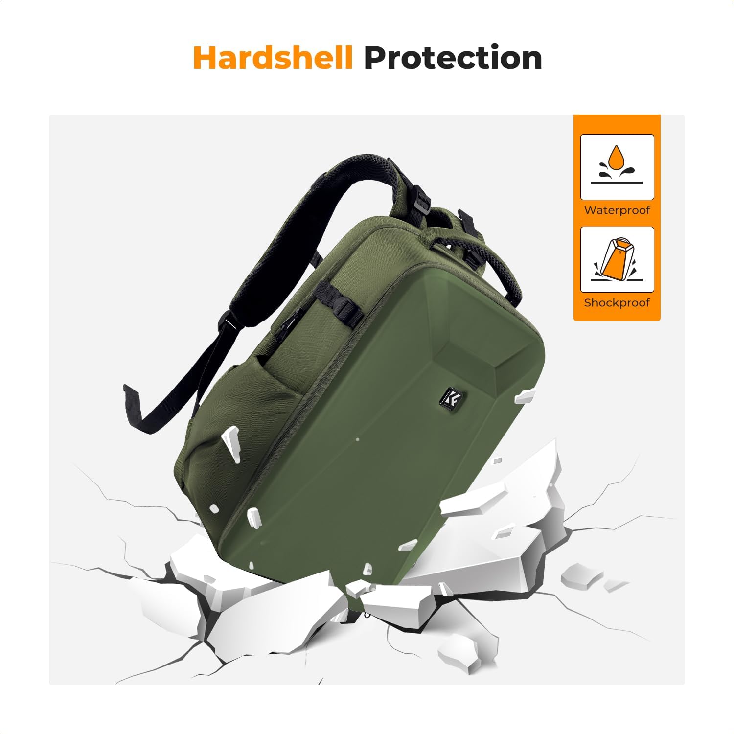 K&F CONCEPT hardshell camera backpack with padded compartments for DSLR camera and accessories, durable travel-ready design