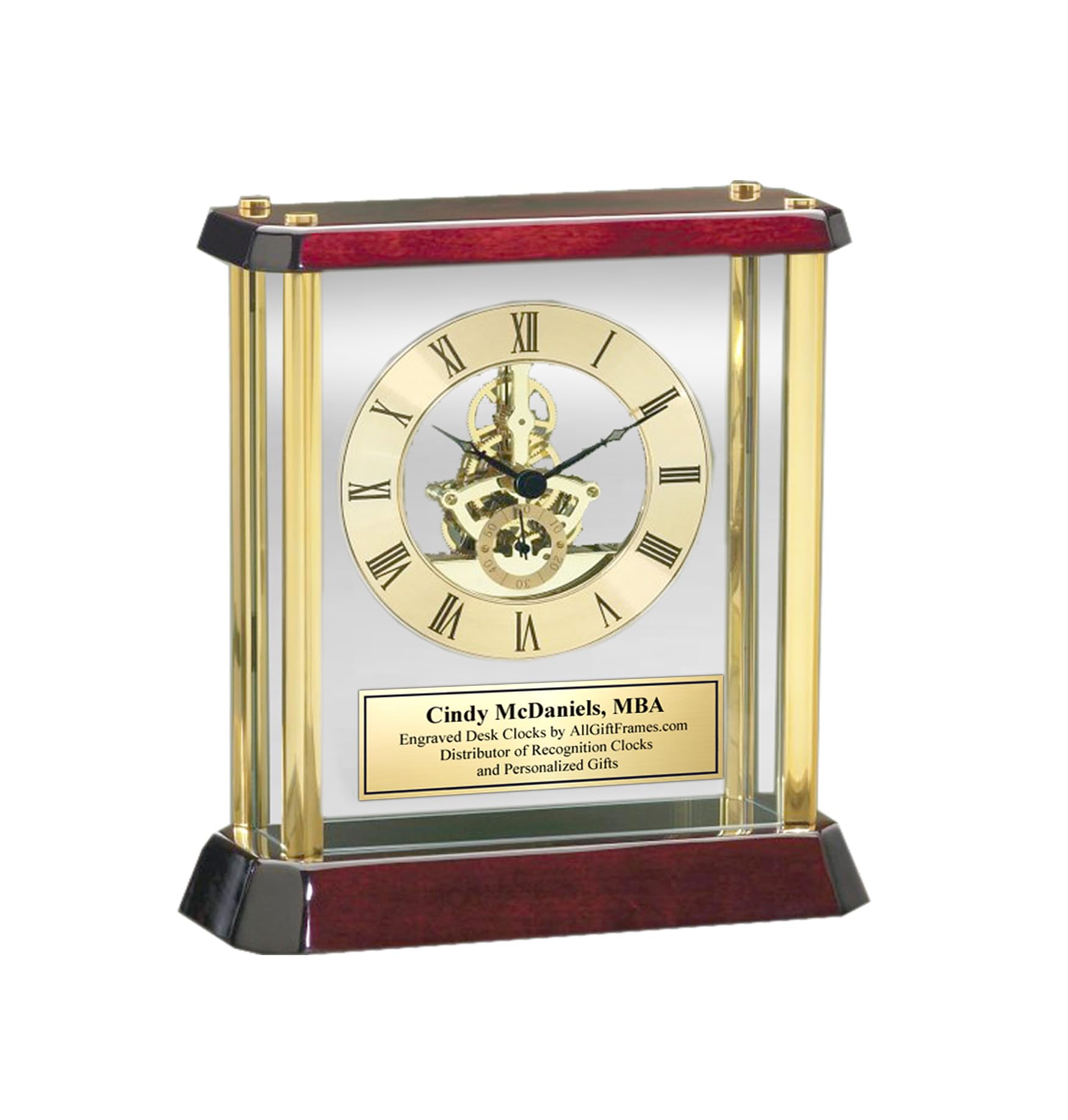 Desk Clock Brass Pillar Gold Engraved Anniversary Retirement - Product Imagery
