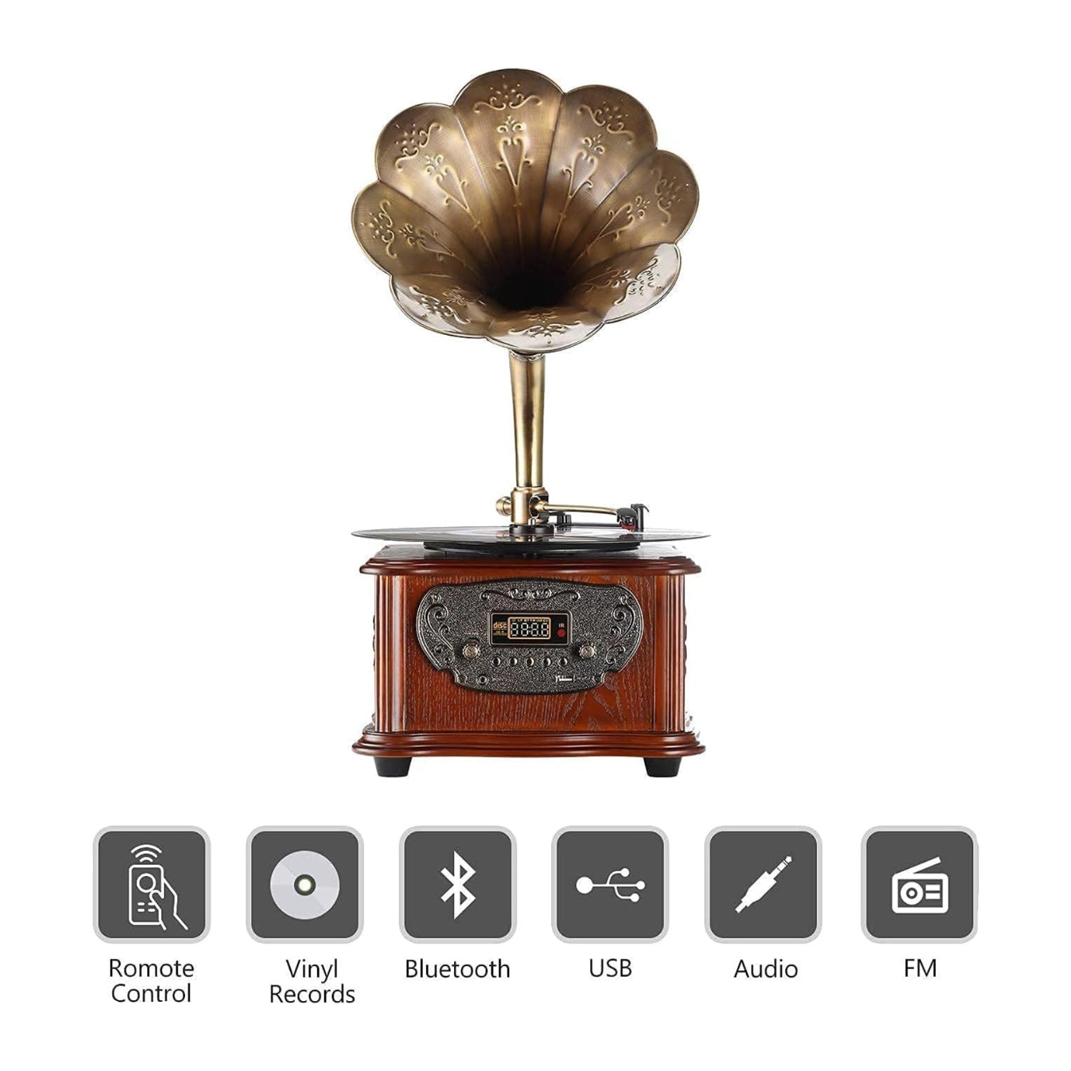 LuguLake retro record player and vintage turntable with built-in speakers, classic phonograph design, and nostalgic gramophone style.