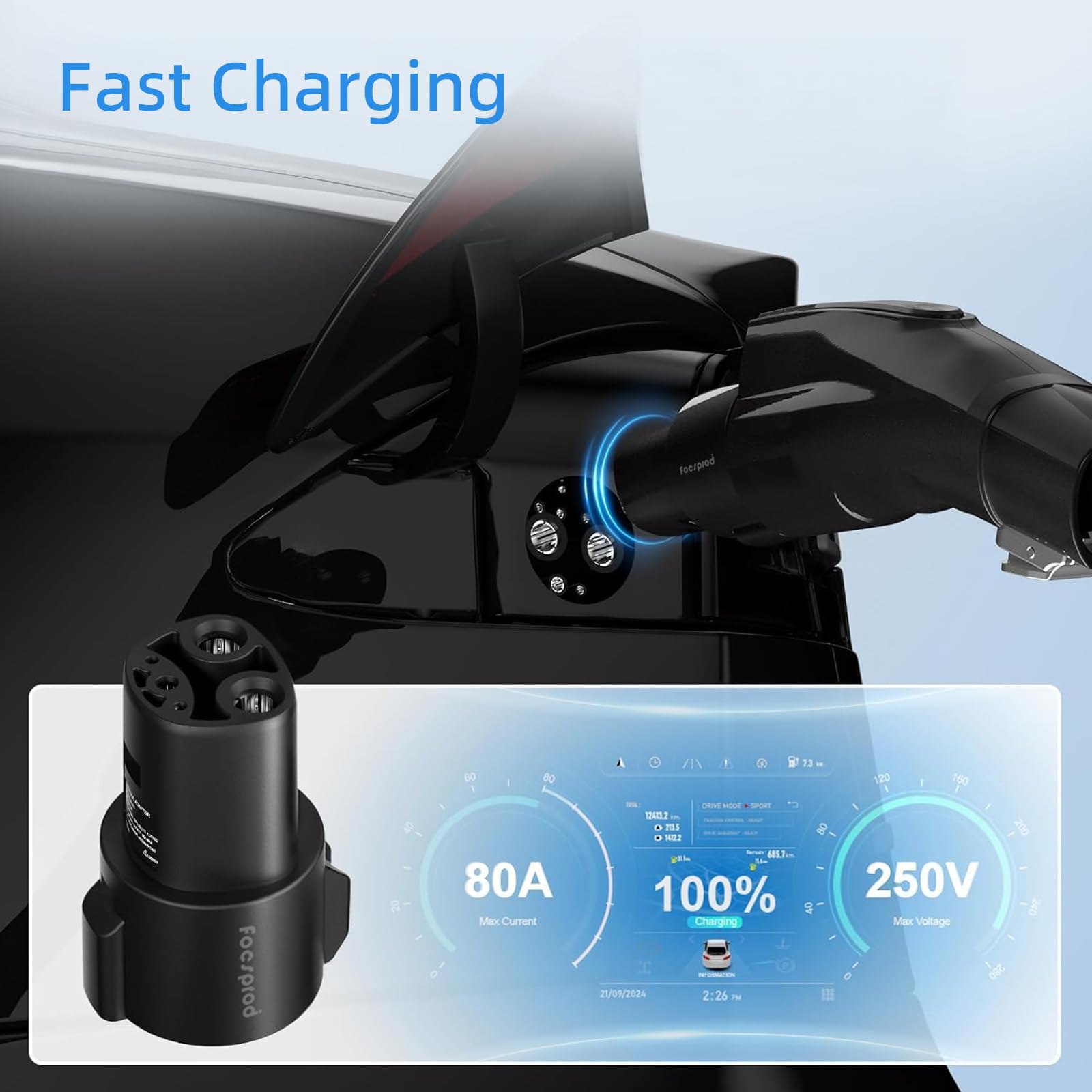 FOCSPROD J1772 to Tesla Charger Adapter, Max 80A 250V Fast Charging J1772 to - FOCSPROD Official Product View 2