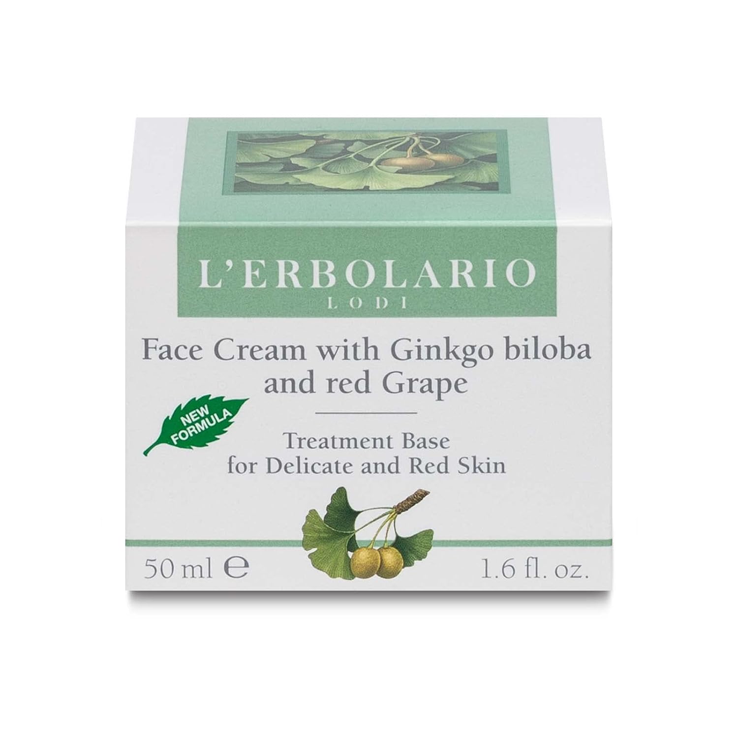 L'Erbolario face cream with ginkgo biloba and red grape extracts, showing the jar with cream and botanical ingredients.