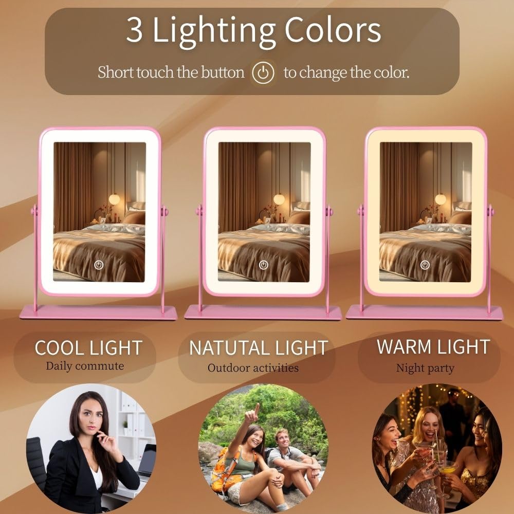 Pink LED Makeup Mirror with Lights Rechargeable Wireless - LAKFUES Official Imagery - 6