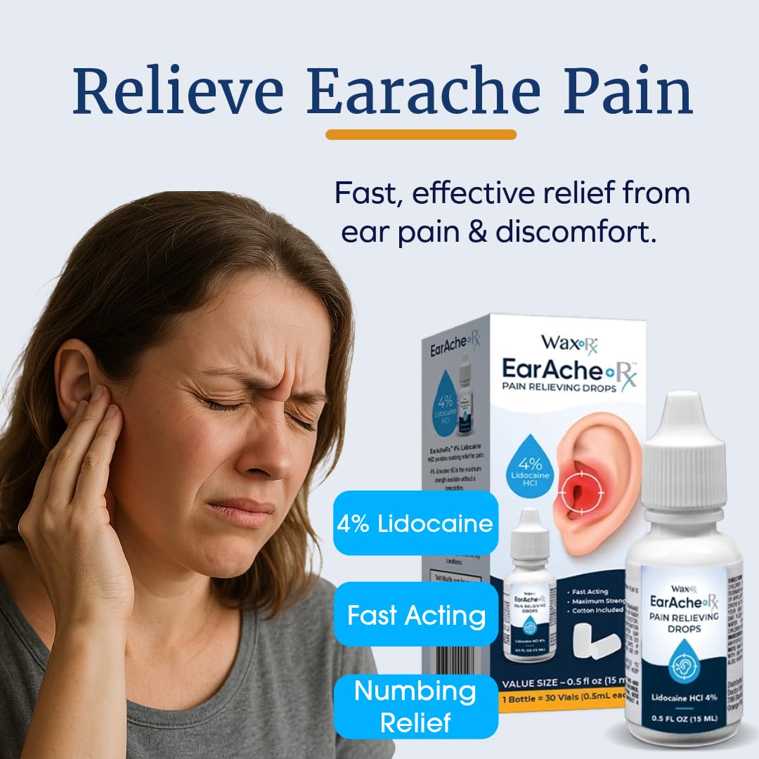 WaxRx EarAcheRx Pain Relieving Ear Drops 4% Lidocaine 0.5 oz
