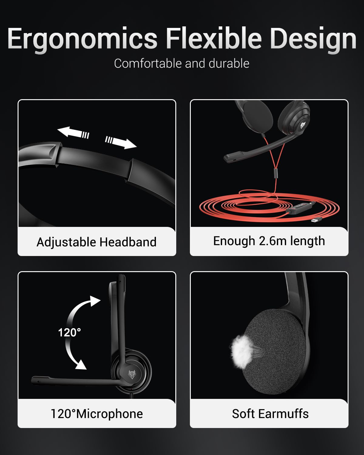 NUBWO HW02 USB computer headphones with clear microphone, lightweight on-ear wired headset in black for MS Teams, Skype, and calls.