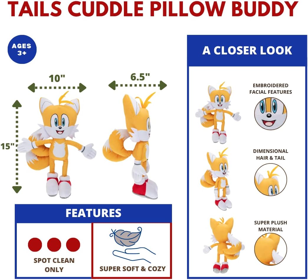 Soft plush Sonic The Hedgehog Tails cuddle pillow buddy by Franco, featuring detailed anime-inspired design, perfect for fans.