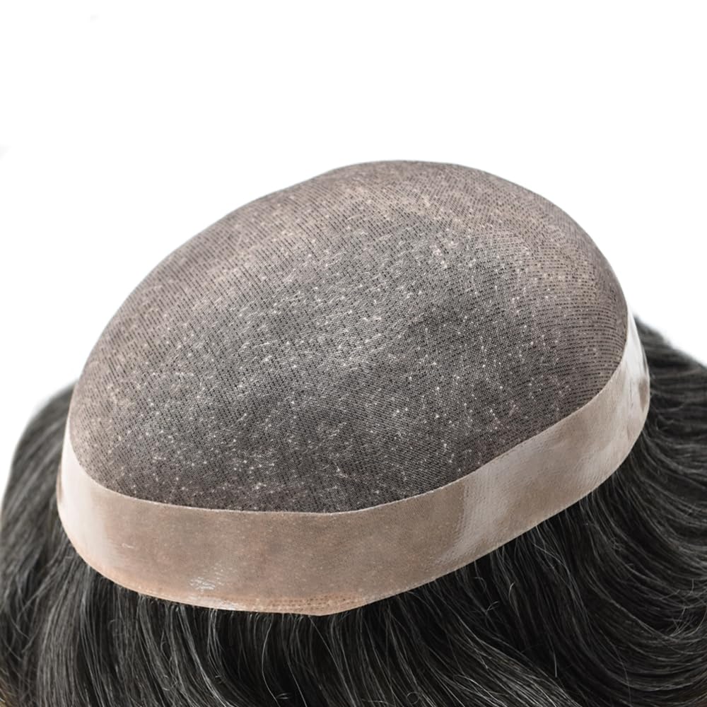 Curve Hair Mens Toupee Human Hair Piece Replacement System Monofilament Wig Hair Unit for Men Durable Poly Coated Mens Hairpiece (#1B40 Off Black+40% Gray, 6"X9")