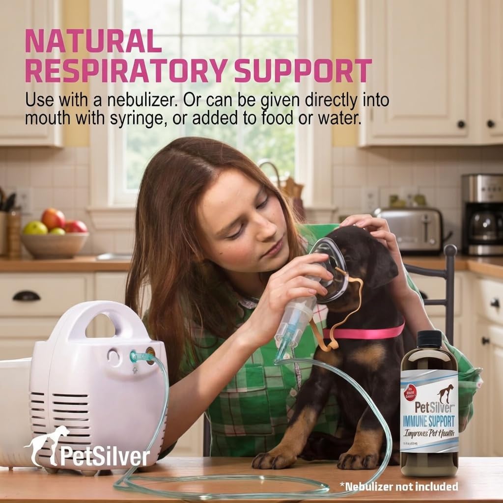 PetSilver Immune Support natural nebulizer solution for pets in a 16 fl oz bottle, promotes respiratory health and immune support.