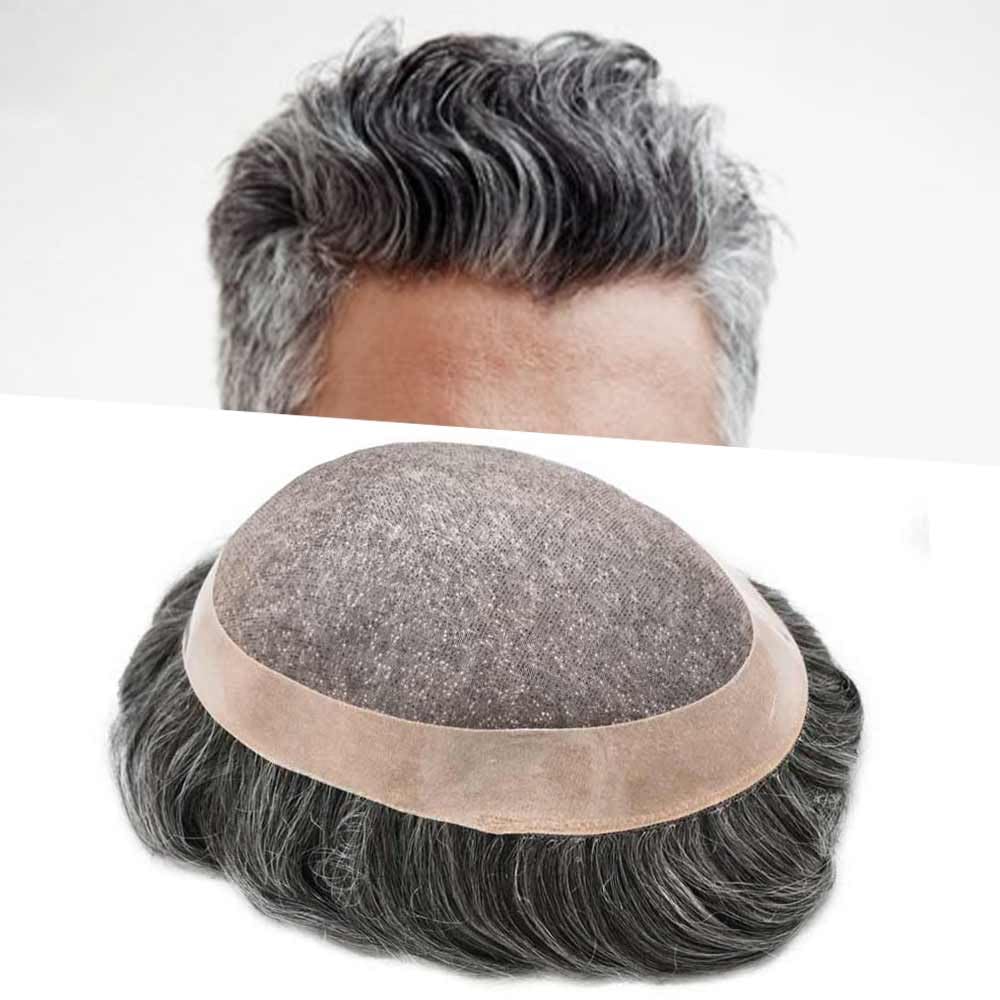 Curve Hair Mens Toupee Human Hair Piece Replacement System Monofilament Wig Hair Unit for Men Durable Poly Coated Mens Hairpiece (#1B50 Off Black+50% Gray, 7"X9")