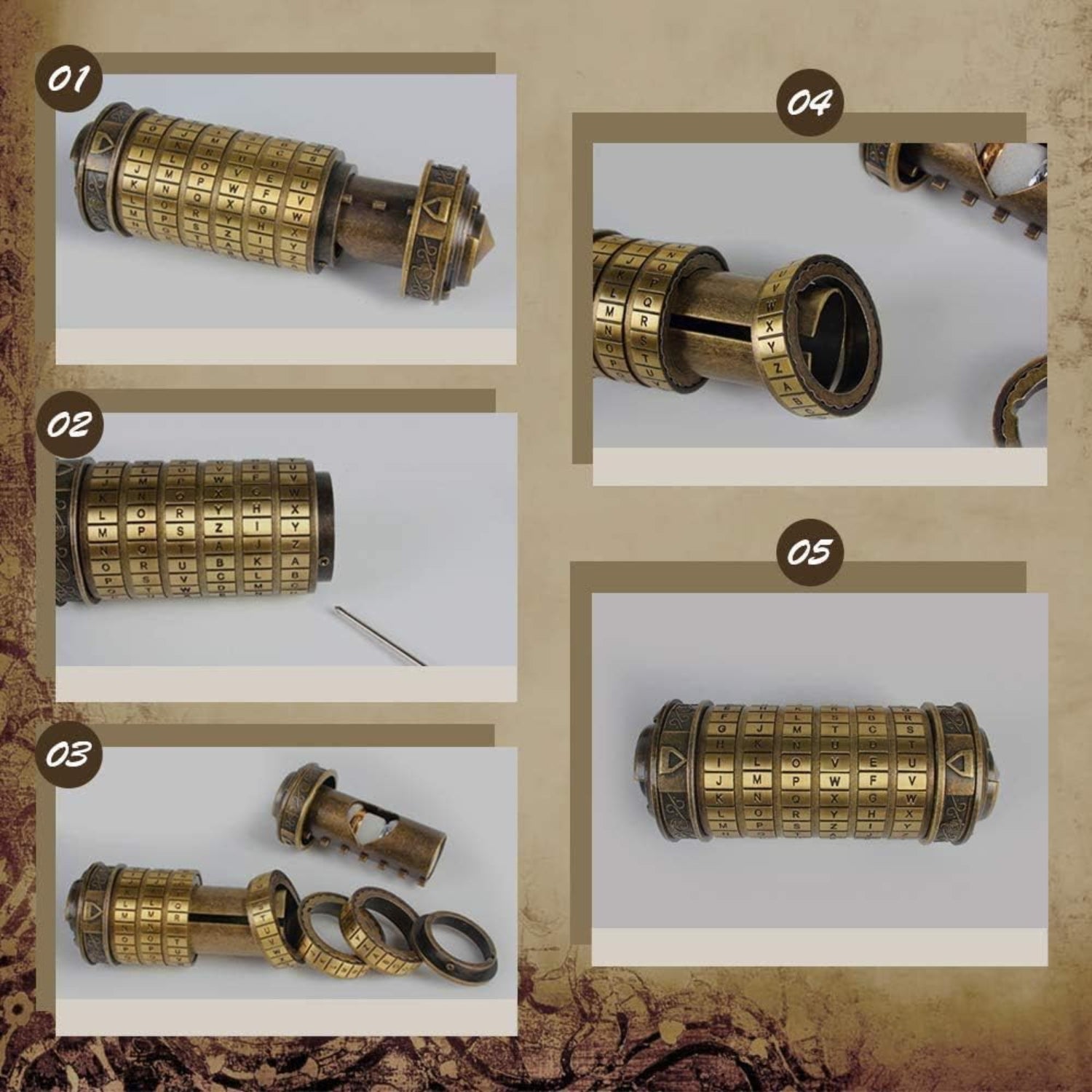 Mini Da Vinci Code Cryptex lock puzzle box by coejokno with rotating dials and hidden compartment, made of durable material.