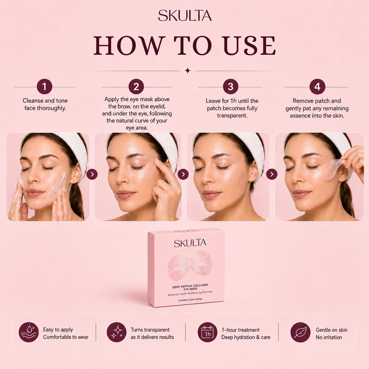 Deep Peptide Collagen Eye Mask, 3-Piece Full Eye Contour Patches, Collagen Eye Mask Patches for Under Eyes, Eyelids & Brow Area (5 Pairs) - SKULTA Official Product View 6