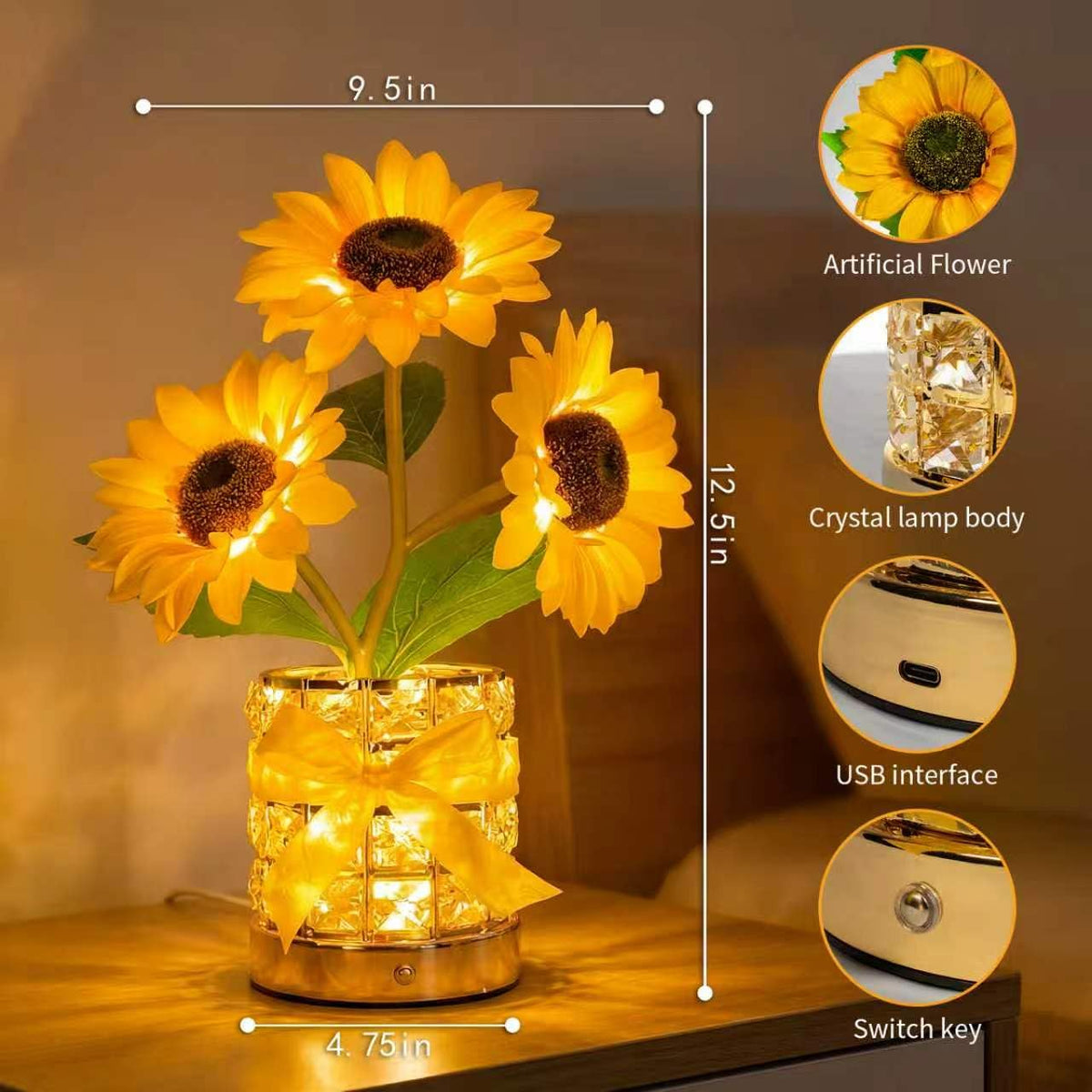 Sunflower LED Lamp USB Rechargeable Touch Night Light 3 - YWYWLED Official Imagery - 6