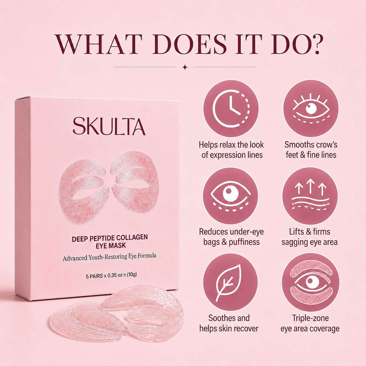 Deep Peptide Collagen Eye Mask, 3-Piece Full Eye Contour Patches, Collagen Eye Mask Patches for Under Eyes, Eyelids & Brow Area (5 Pairs) - SKULTA Official Product View 4
