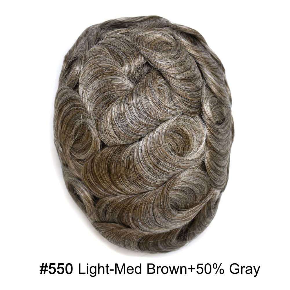 Curve Hair Mens Toupee Human Hair Piece Replacement System Monofilament Wig Hair Unit for Men Durable Poly Coated Mens Hairpiece (#550 Light-Med Brown+50% Gray, 7"X10")