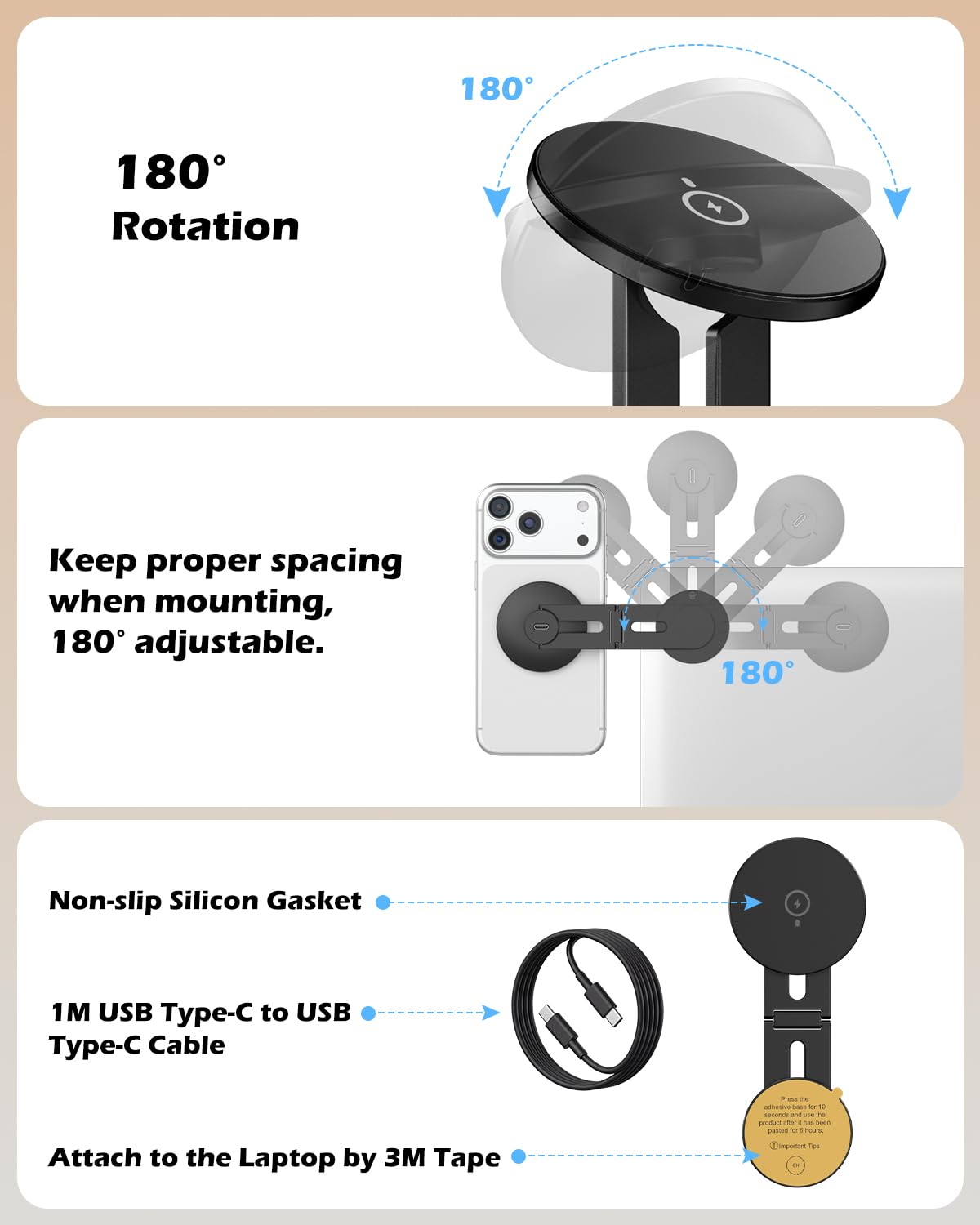 15W Wireless Charger Phone Holder for Laptop, Magnetic Phone Mount