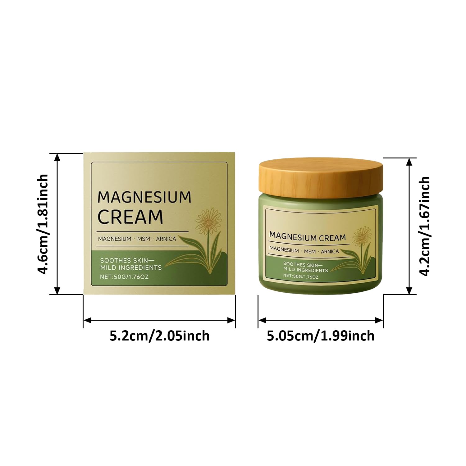 GENTERUN Magnesium Cream with MSM and Arnica, 2-pack, skin moisturizer with soothing ingredients, creamy texture, and natural healing properties.