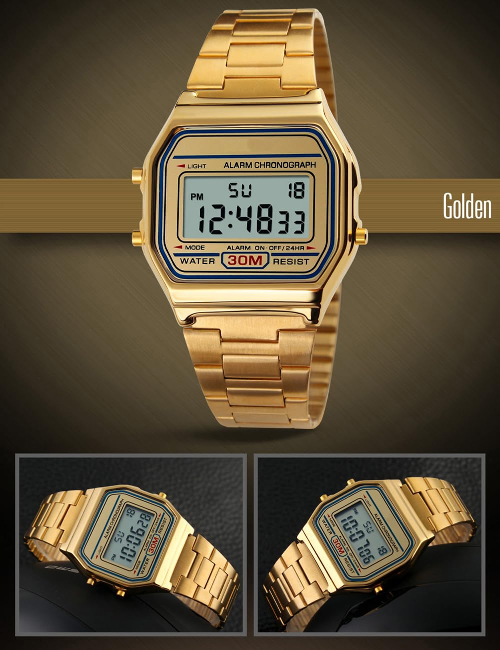PASOY Men's Digital Gold Stainless Steel Watch - View 4