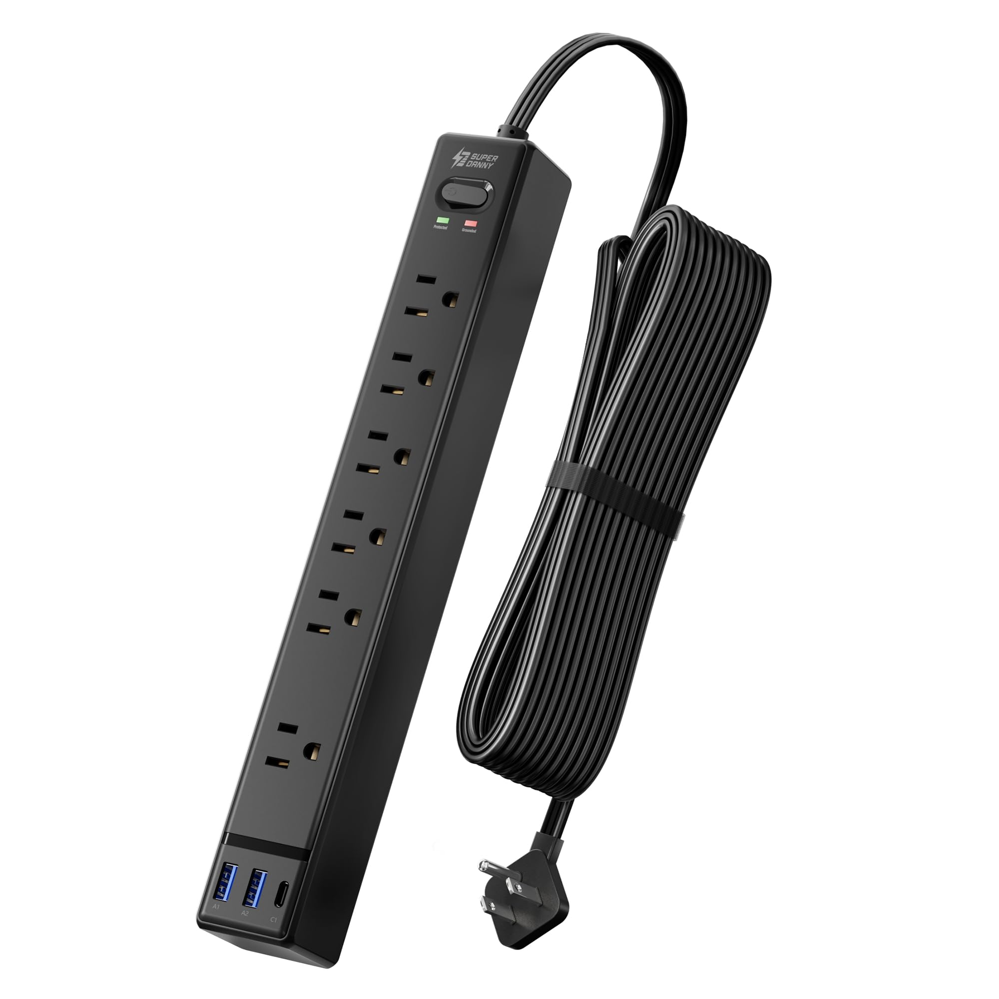 10Ft Long Extension Cord, SUPERDANNY Flat Plug Surge Protector Power Strip