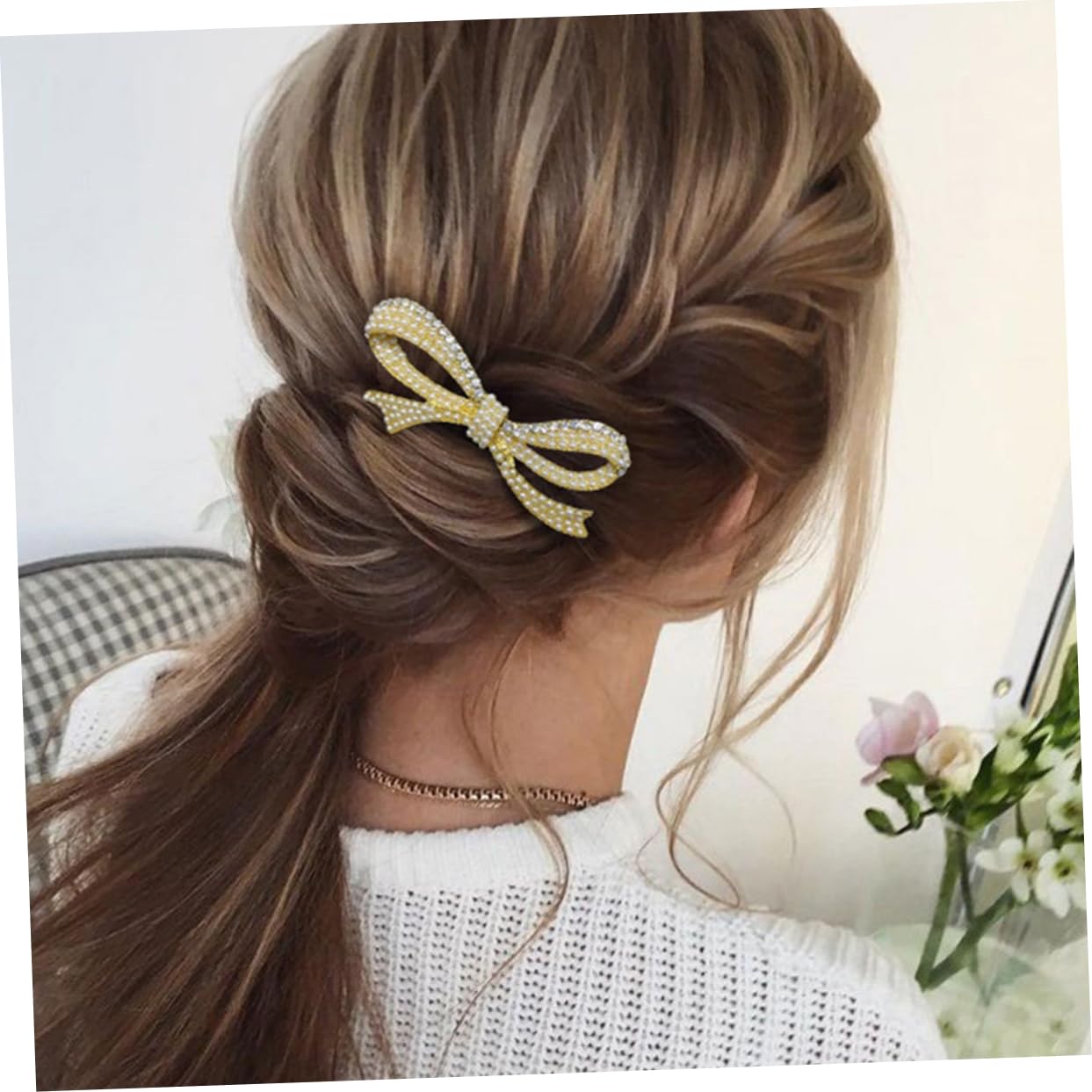 Happyyami pearl bridal hairpin with bow design in gold, decorative wedding hair clip for elegant updos and special occasions