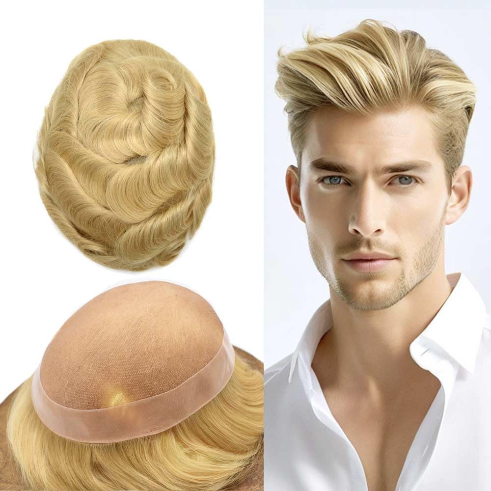 Curve Hair Mens Toupee Human Hair Piece Replacement System Monofilament Wig Hair Unit for Men Durable Poly Coated Mens Hairpiece (#22R Light Blonde, 7"X10")