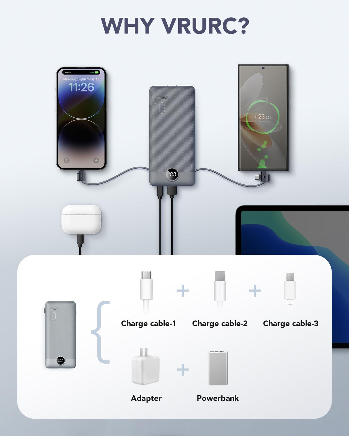 VRURC Portable Charger Built in Cables and AC Wall Plug USB - VRURC Official Imagery - 6