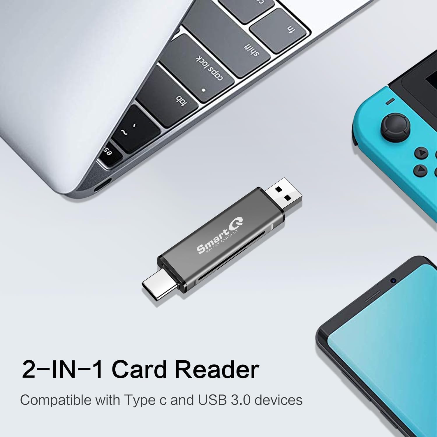 SmartQ C350 USB C SD card reader and USB 3.0 memory card adapter connected to a device, showcasing fast data transfer capabilities.