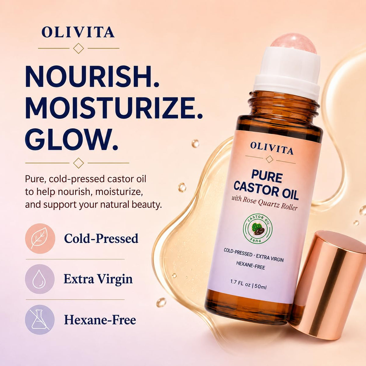 OLIVITA Castor Oil Rose Quartz Roller Ball for Face Brows - OLIVITA Official Imagery - 3