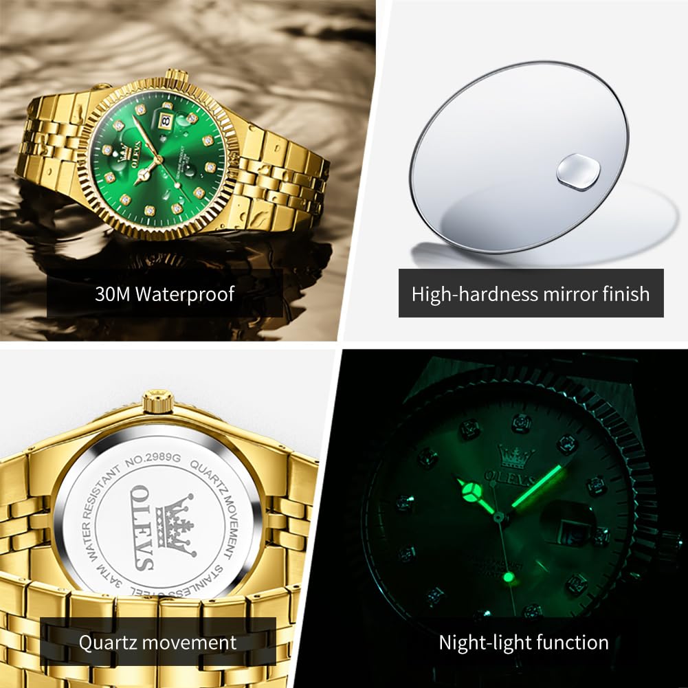 OLEVS Men's Green Two-Tone Diamond Luxury Dress Watch