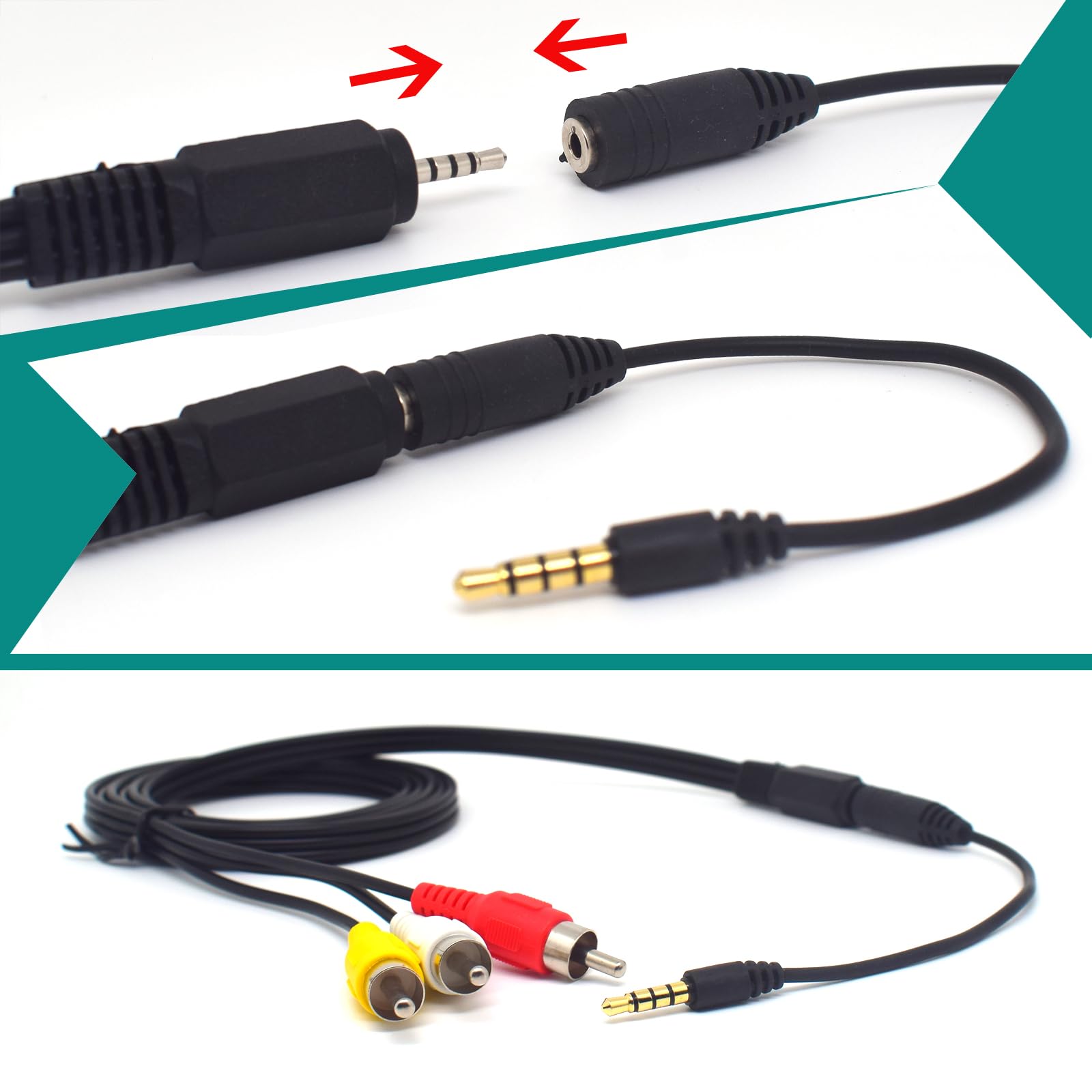 ELNONE 2.5mm 4-Pole to 3 RCA AUX AV Cable 5FT w/ 3.5mm Adapter fo by ELNONE - Angle View 5
