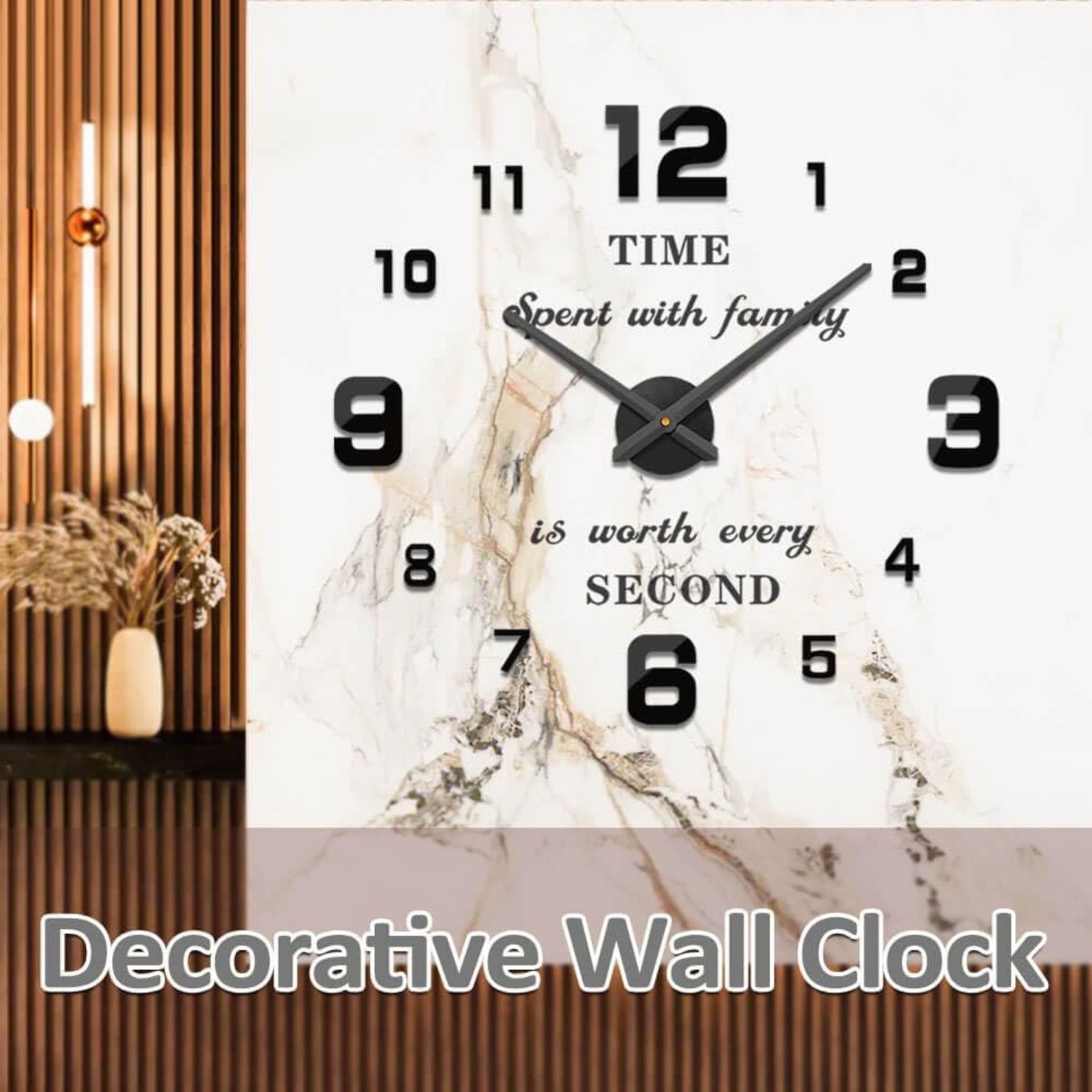 Mintime modern frameless DIY wall clock with large 3D mirror numbers, ideal for home or office wall decor.