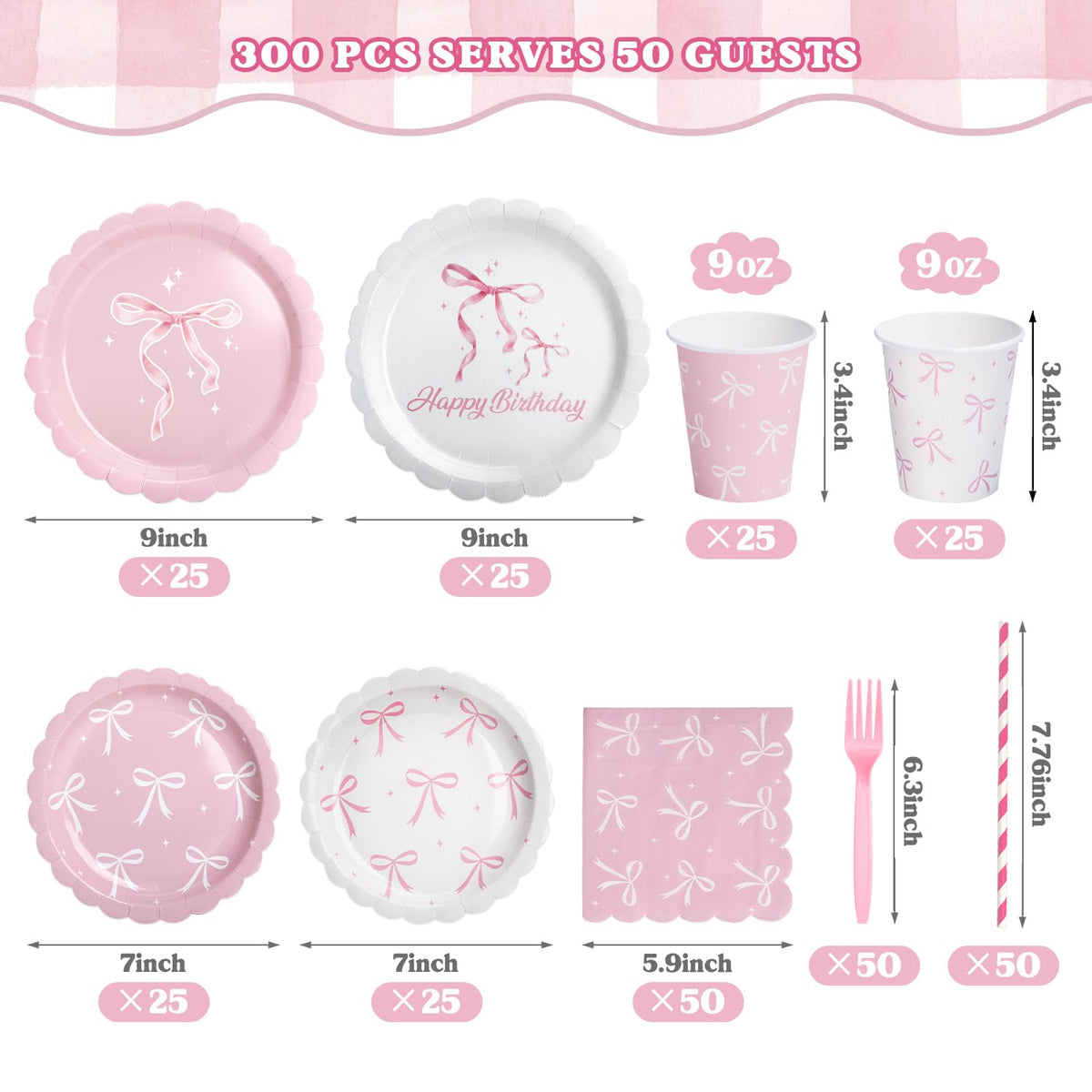 300 Pcs Pink Bow Plates Cups Napkins and Tableware Sets for - Kinovo Official Imagery - 4