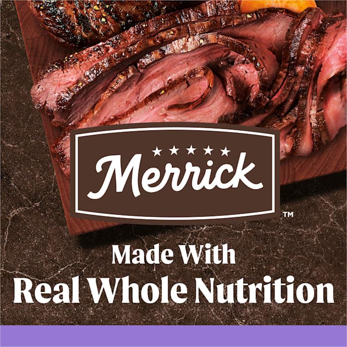 Merrick Grain-Free Beef and Sweet Potato Puppy Food in 4 lbs. bag, featuring natural ingredients and healthy nutrition for puppies.