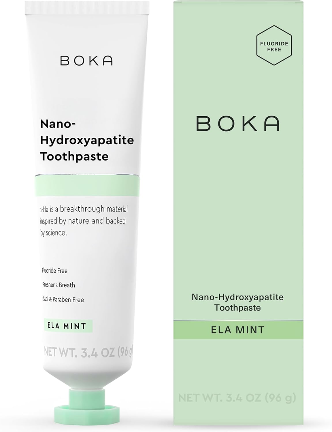 Boka fluoride-free toothpaste with nano hydroxyapatite for sensitive teeth, showing a tube against a white background.