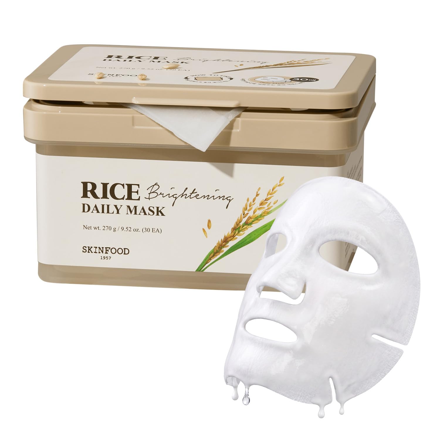 SKINFOOD Rice Daily Mask 30 Sheets, Korean Quick & Easy Daily Care Hacks, Large Capacity, Sheet Mask - SKINFOOD 1957 Official Product View 2