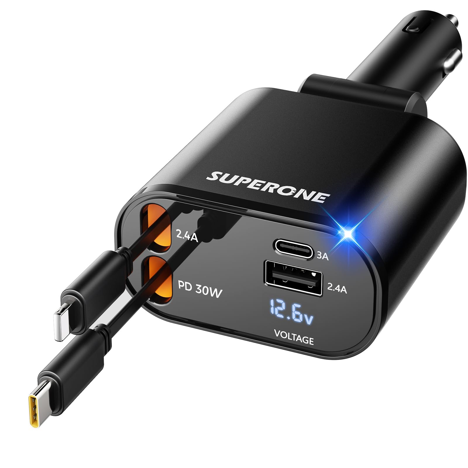 SUPERONE Retractable Car Charger 4 in 1 Fast Phone Charger by SUPERONE - Angle View 1
