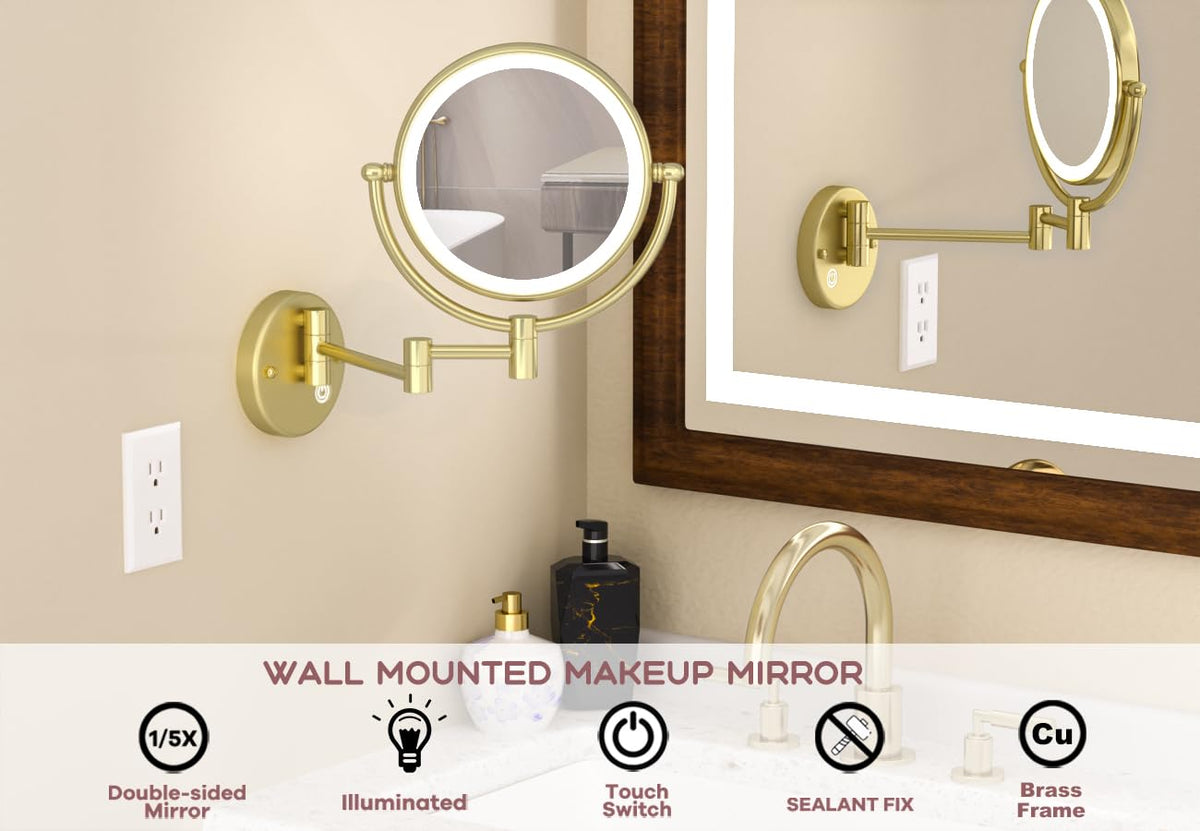 Lighted Makeup Mirror Wall Mounted Gold Double Sided 1 5X - RECKODOR Official Imagery - 4
