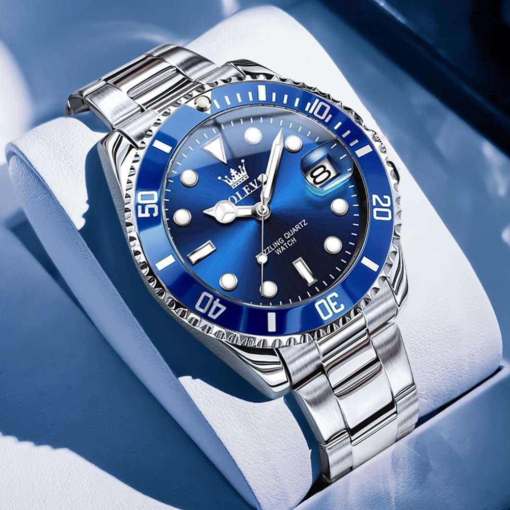 OLEVS Men's Silver & Blue Ocean Dial Dress Watch Quartz Date