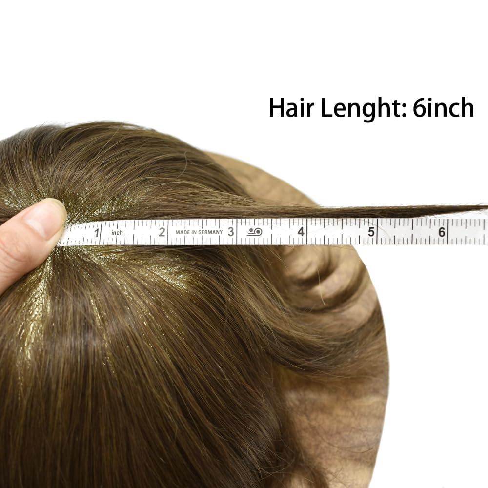 Curve Hair Mens Toupee Human Hair Piece Replacement System Monofilament Wig Hair Unit for Men Durable Poly Coated Mens Hairpiece (#6 Light Brown, 6"X8")