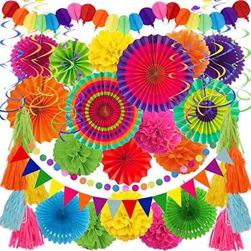 Party Decorations, 41 Pcs Multicoloured Papar Fans Pompoms - Product Imagery