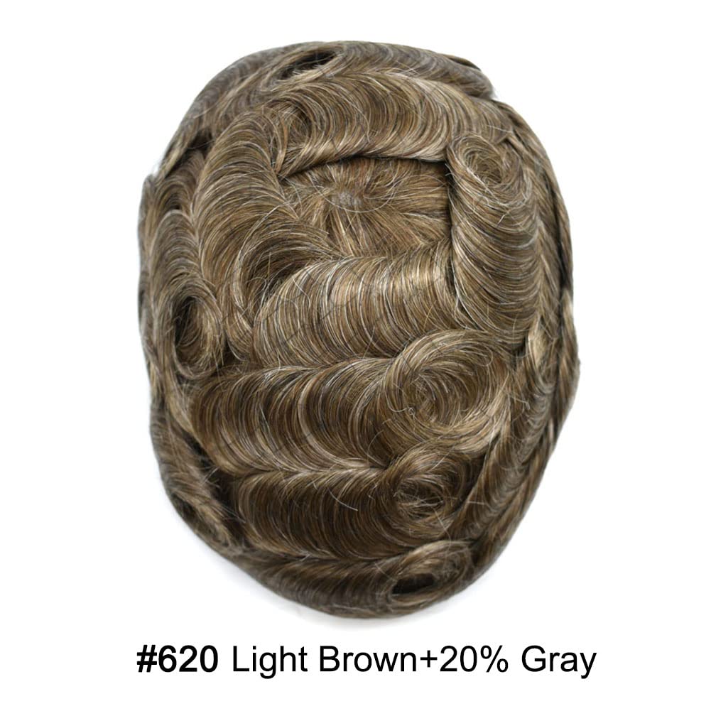 Curve Hair Mens Toupee Human Hair Piece Replacement System Monofilament Wig Hair Unit for Men Durable Poly Coated Mens Hairpiece (#620 Light Brown+20% Gray, 7"X10")
