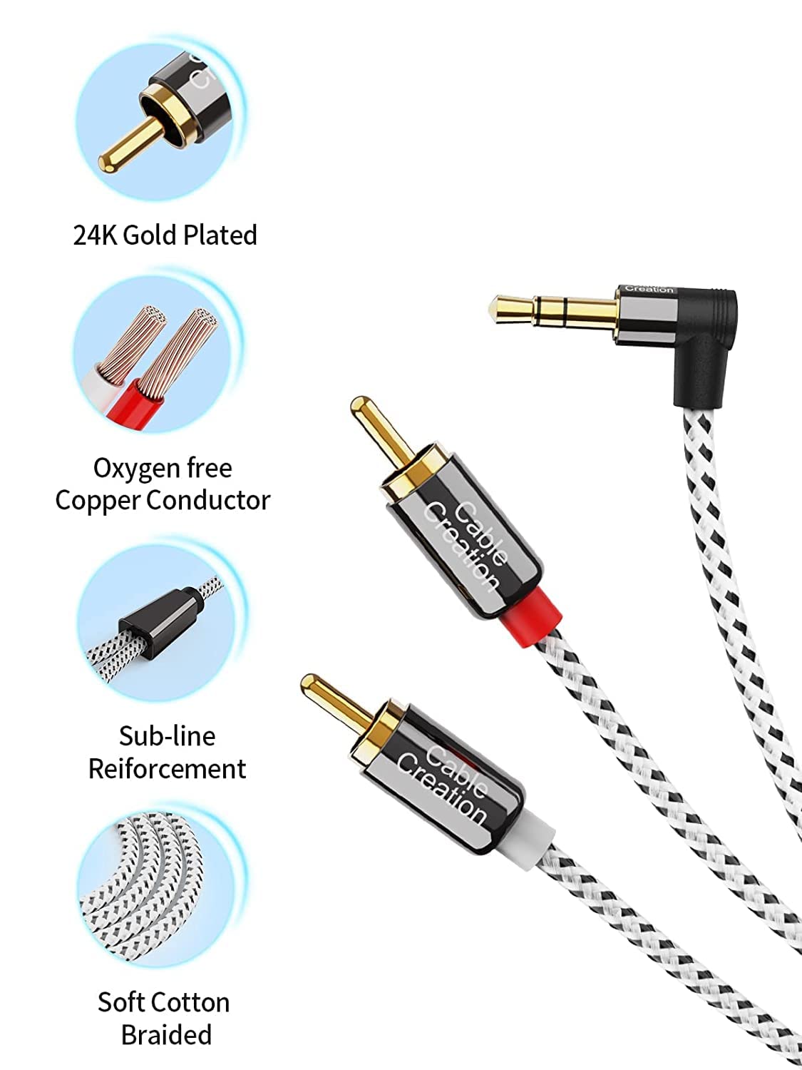CableCreation 3.5mm to RCA Cable, Angle 3.5mm Male to 2RCA Male A by CableCreation - Angle View 5