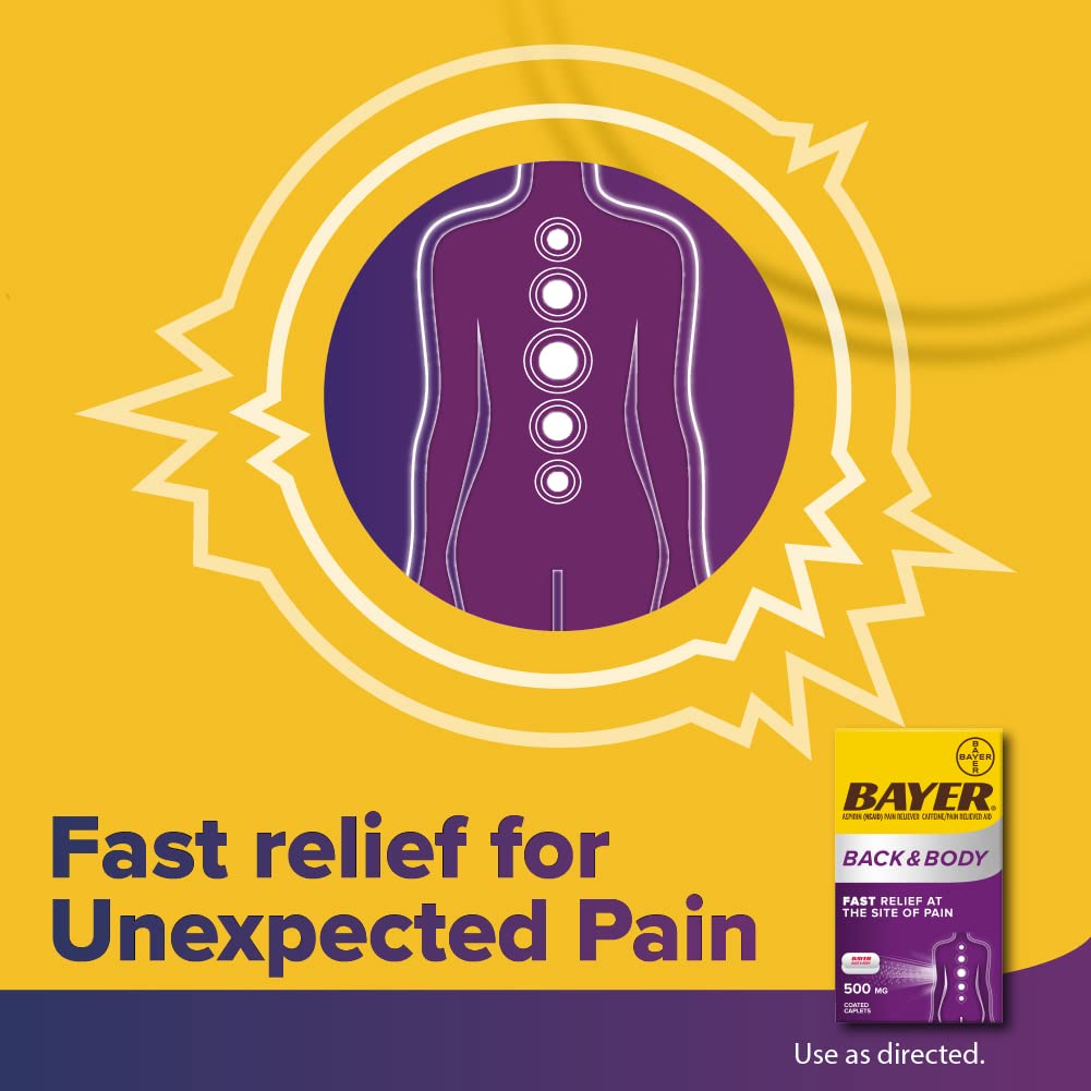 Bayer Back & Body 500mg Aspirin Plus Caffeine for Powerful Pain Relief, 200 Coated Caplets