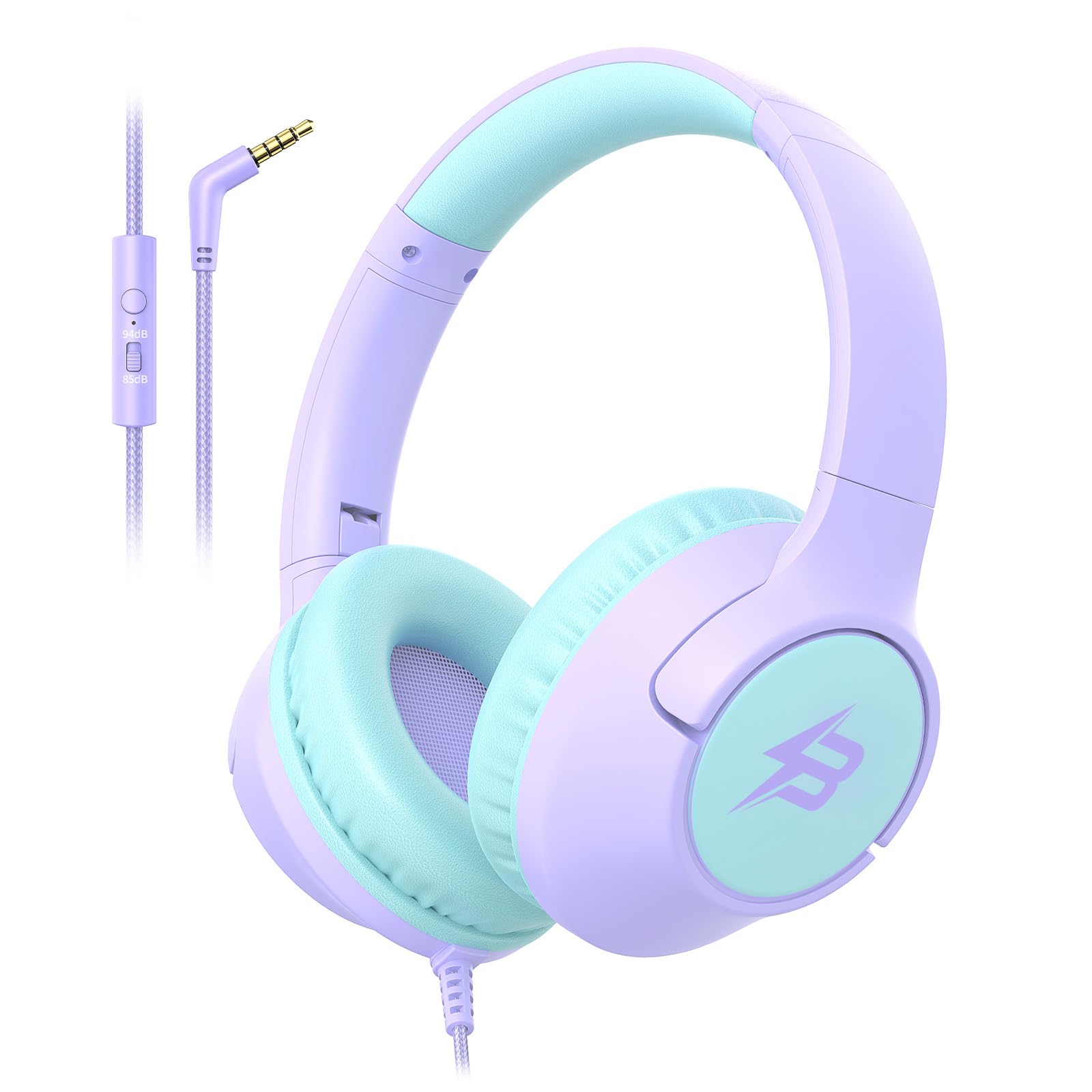 Purple wired kids headphones from Botesty Sound with 3.5mm jack, safe volume limit, built-in microphone, ideal for school use.