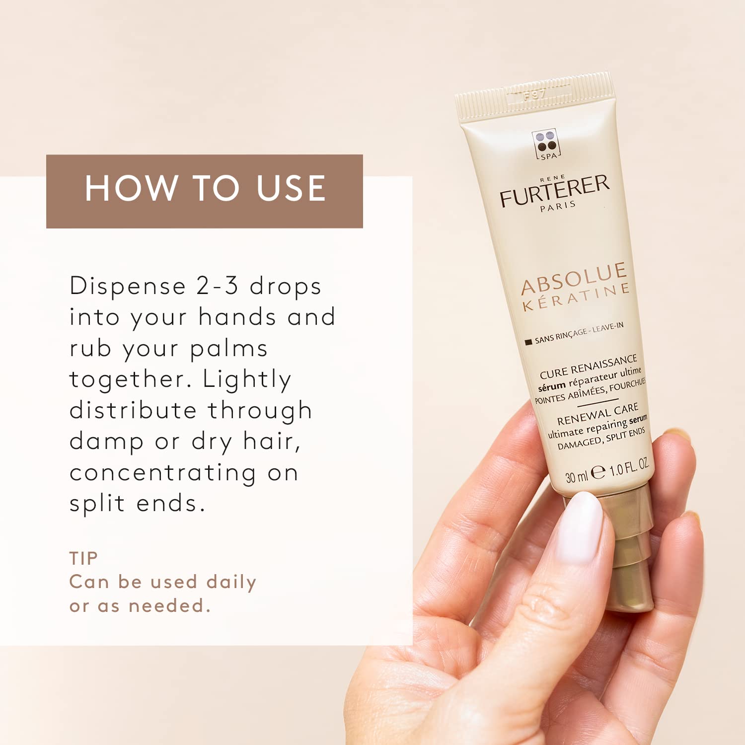 Elefair Rene Furterer Absolue Keratine Ultimate Repair Serum for damaged hair with split ends, shown in a sleek bottle.
