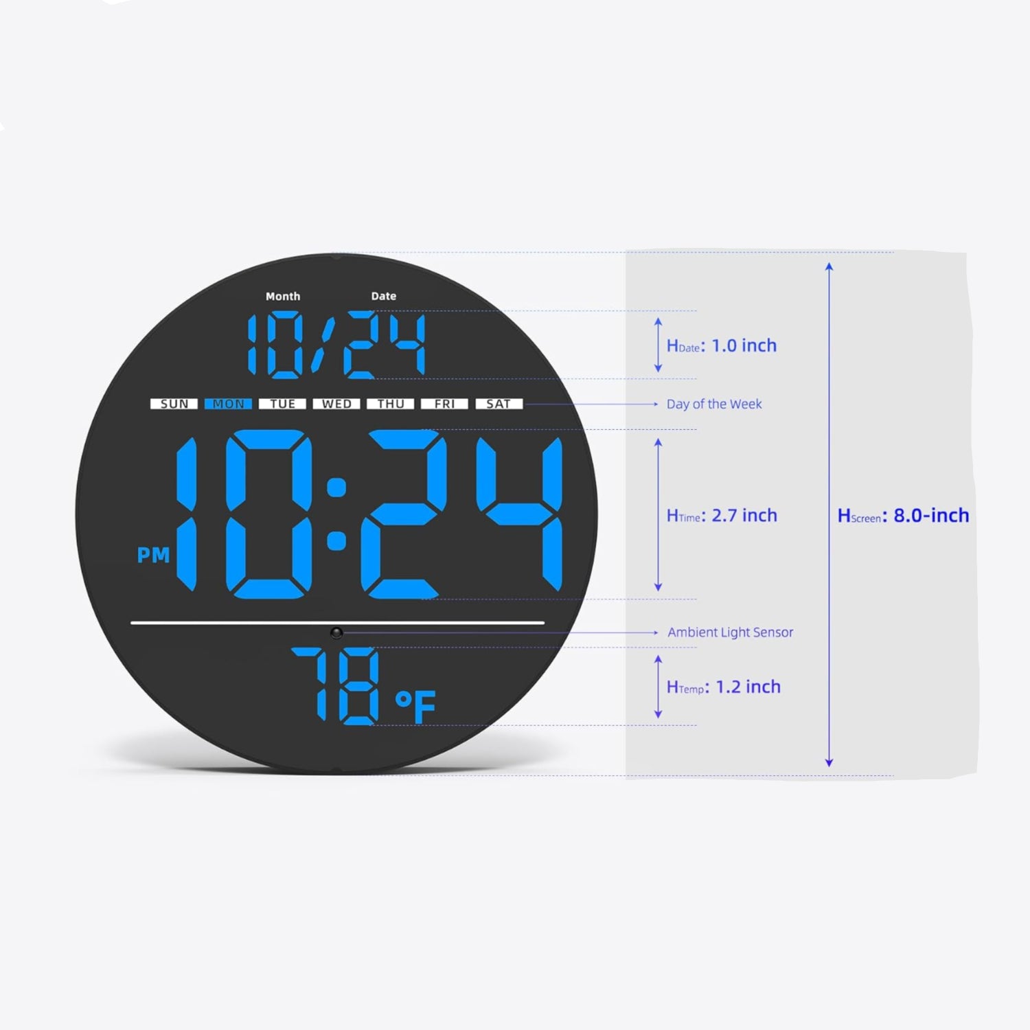 XUANZIT digital wall clock with large LED display showing time, date, temperature, and auto-brightness feature
