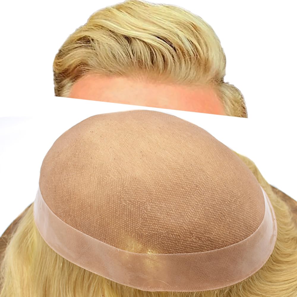Curve Hair Mens Toupee Human Hair Piece Replacement System Monofilament Wig Hair Unit for Men Durable Poly Coated Mens Hairpiece (#60RY All Gray, 7"X9")