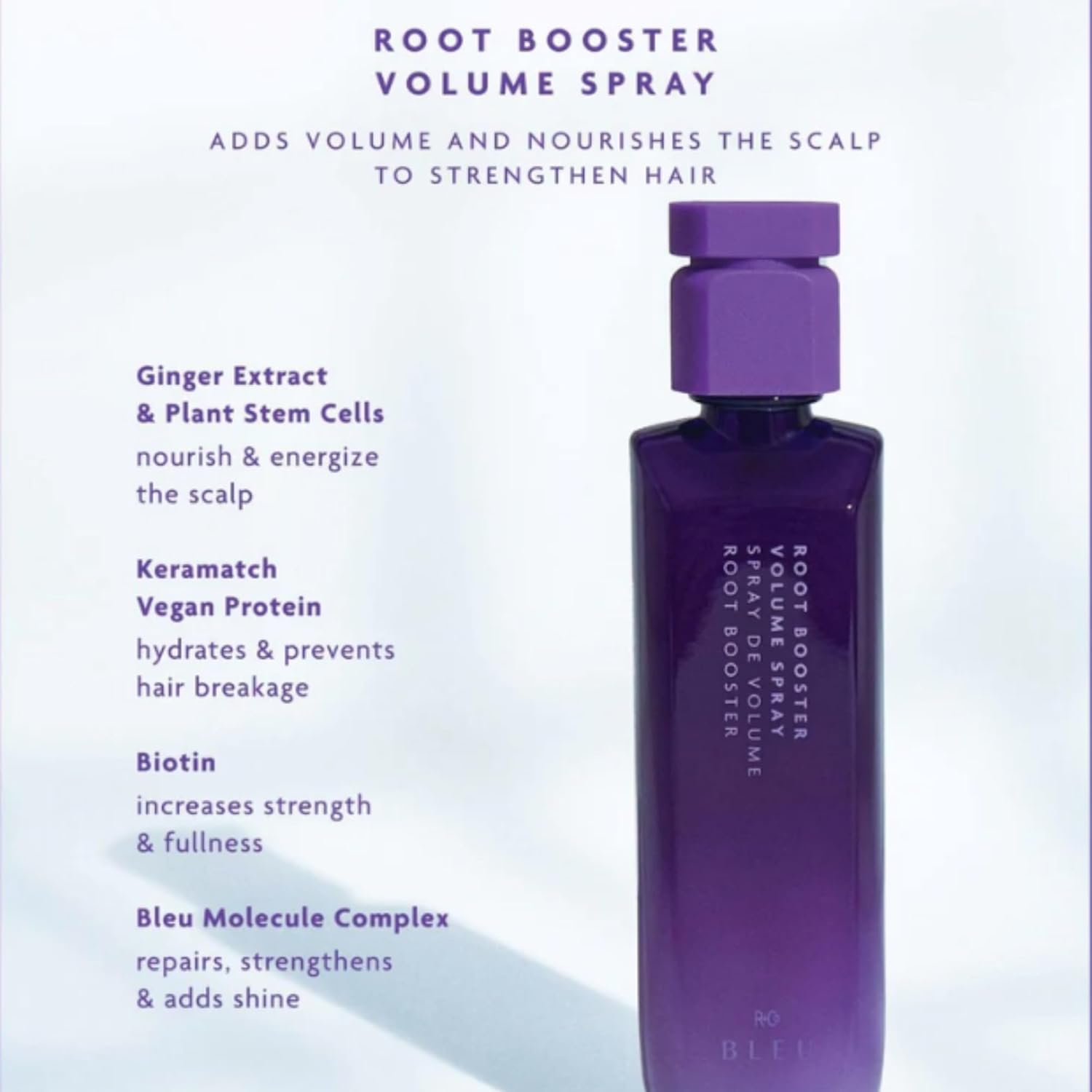 Elefair R+Co BLEU Root Booster volume spray showing a spray bottle with text, designed for instant root lift and fine hair volume.