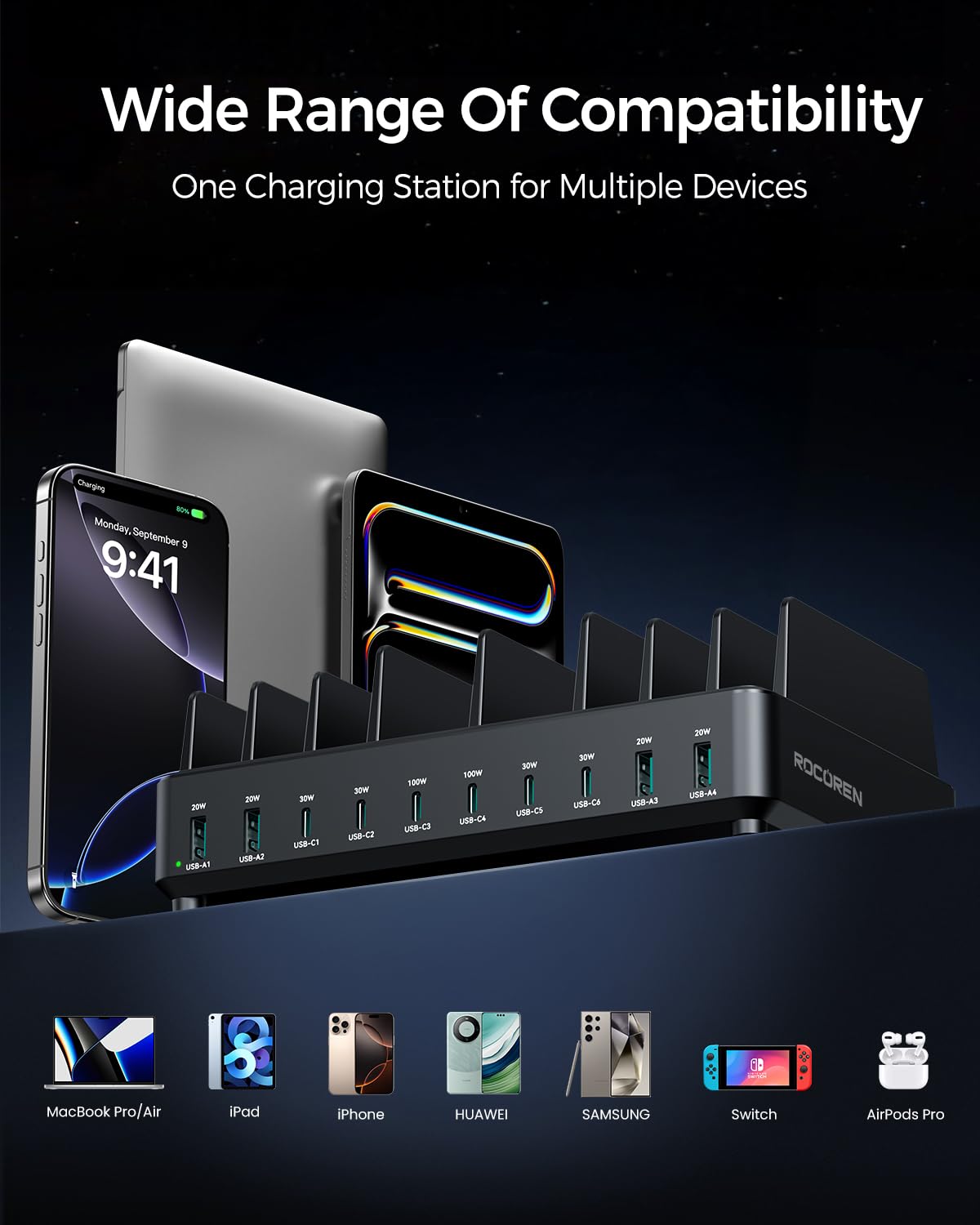 Rocoren 400W 10 Port Charging Station Dual PD 100W Dock w 6 - Rocoren Official Imagery - 5